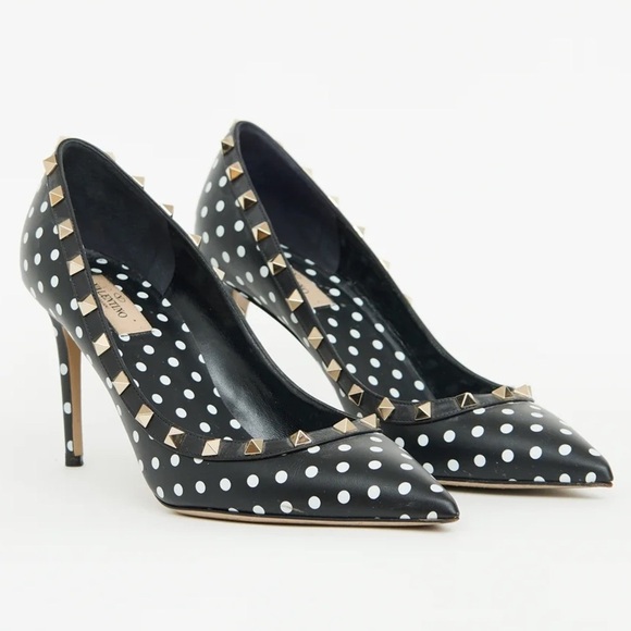 Valentino Rockstud Studded Polkadot Pointed Toe Black Leather Pump Heels - Picture 2 of 5